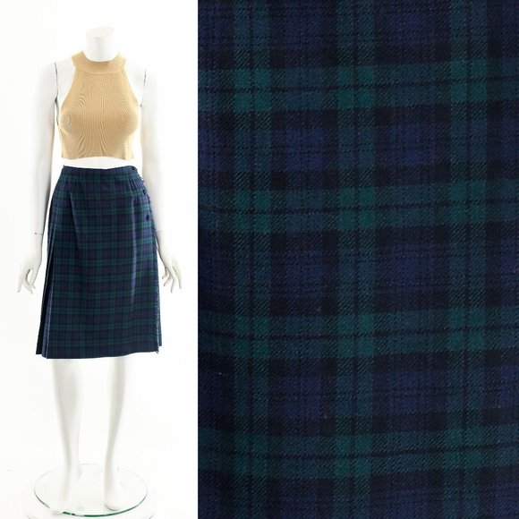 Green Blue Plaid Virgin Wool Fringe Wrap Skirt - Picture 3 of 10